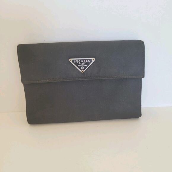 PRADA Tessuto Nero Black Leather Logo Plate Wallet Medium Envelope Medium Nylon - Picture 1 of 13